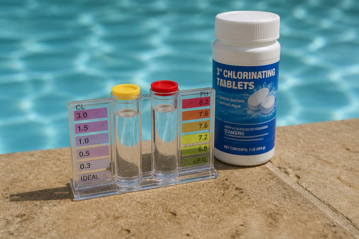 Pool water chemistry test kit showing chlorine and pH levels beside a clear blue pool