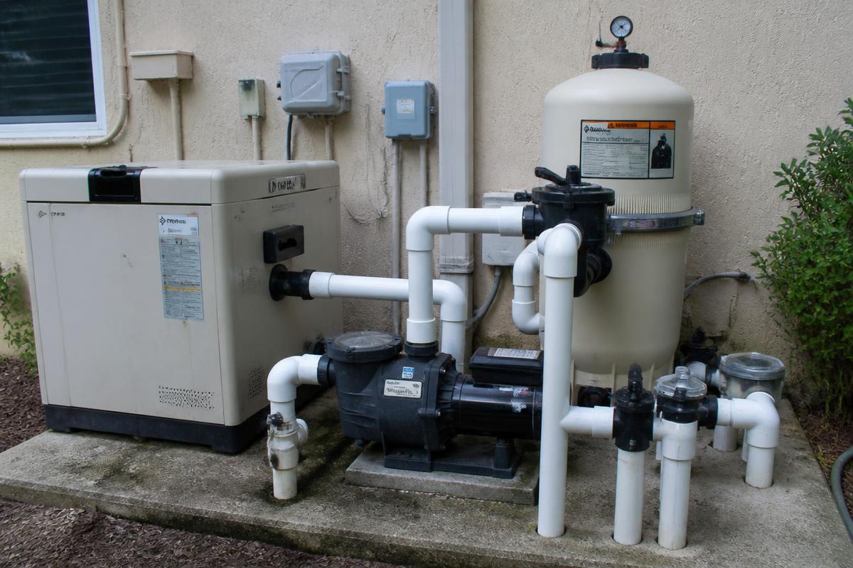 Technician repairing a pool pump and filter equipment pad in Marrero Louisiana