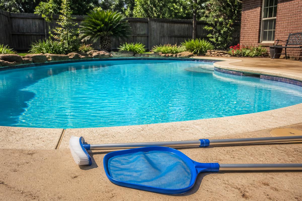Pool technician brushing a clean blue backyard pool during weekly service on the Westbank