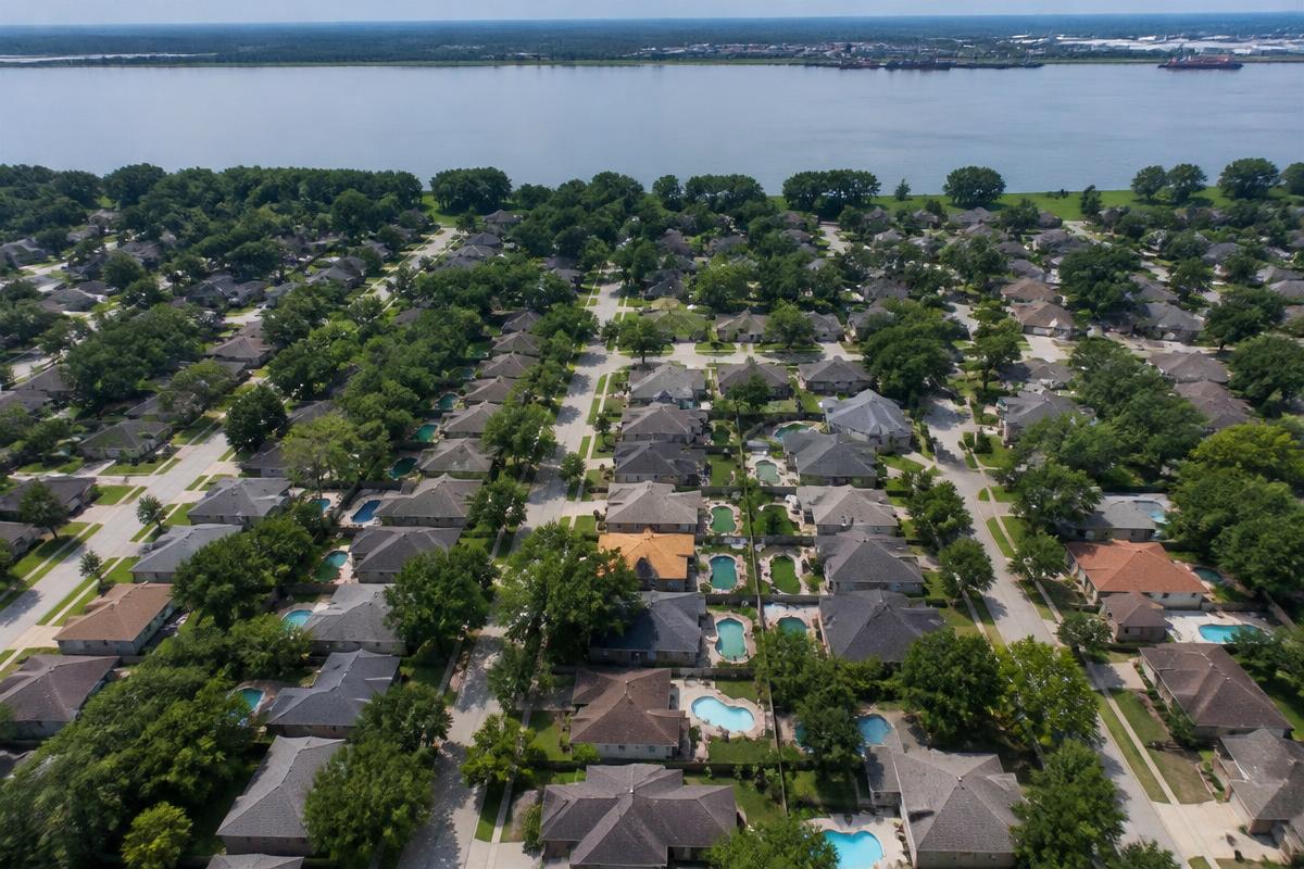 Aerial view of Westbank New Orleans neighborhoods with backyard swimming pools near the Mississippi River